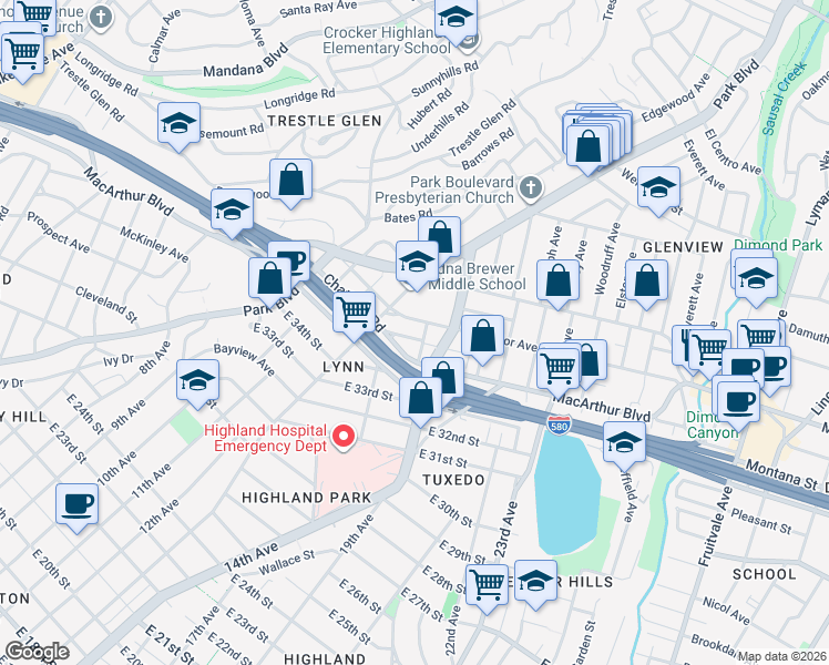 map of restaurants, bars, coffee shops, grocery stores, and more near 1374 East 36th Street in Oakland