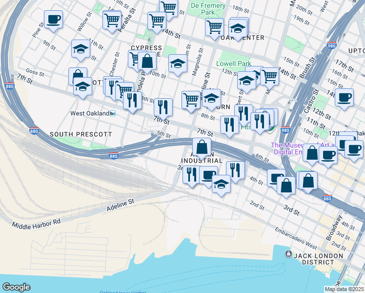 map of restaurants, bars, coffee shops, grocery stores, and more near 1155 7th Street in Oakland