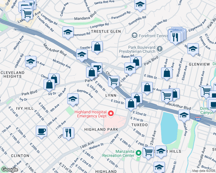map of restaurants, bars, coffee shops, grocery stores, and more near 1255 MacArthur Boulevard in Oakland