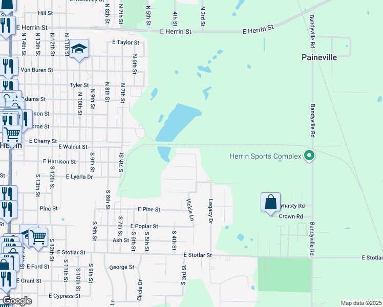 map of restaurants, bars, coffee shops, grocery stores, and more near 1215 Stonington Drive in Herrin