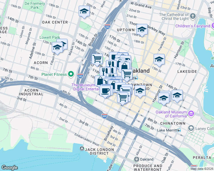 map of restaurants, bars, coffee shops, grocery stores, and more near 555 12th Street in Oakland