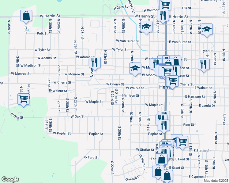 map of restaurants, bars, coffee shops, grocery stores, and more near 109 South 21st Street in Herrin