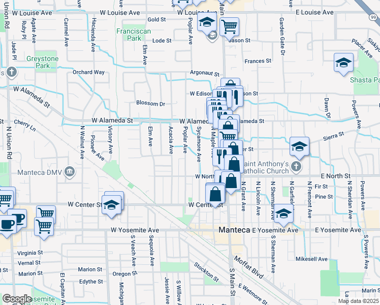 map of restaurants, bars, coffee shops, grocery stores, and more near 423 Sycamore Avenue in Manteca