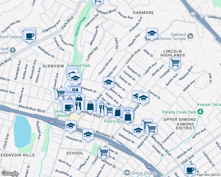 map of restaurants, bars, coffee shops, grocery stores, and more near Frye Street in Oakland