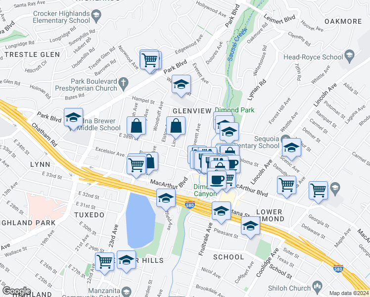 map of restaurants, bars, coffee shops, grocery stores, and more near 3821 La Cresta Avenue in Oakland