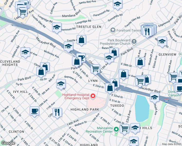 map of restaurants, bars, coffee shops, grocery stores, and more near 1255 MacArthur Boulevard in Oakland