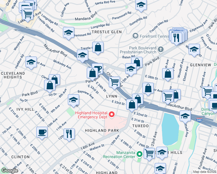 map of restaurants, bars, coffee shops, grocery stores, and more near 1255 MacArthur Boulevard in Oakland