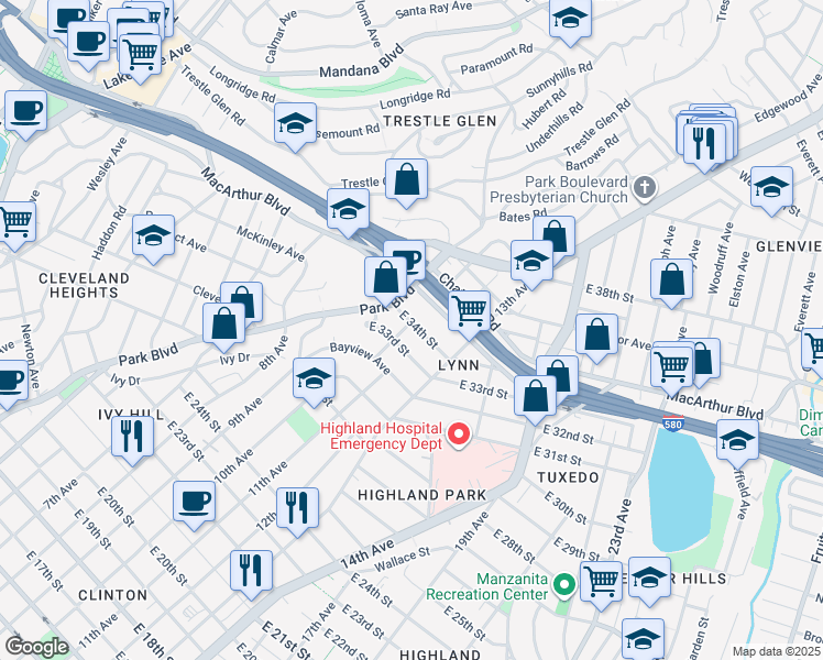 map of restaurants, bars, coffee shops, grocery stores, and more near 1234 East 34th Street in Oakland