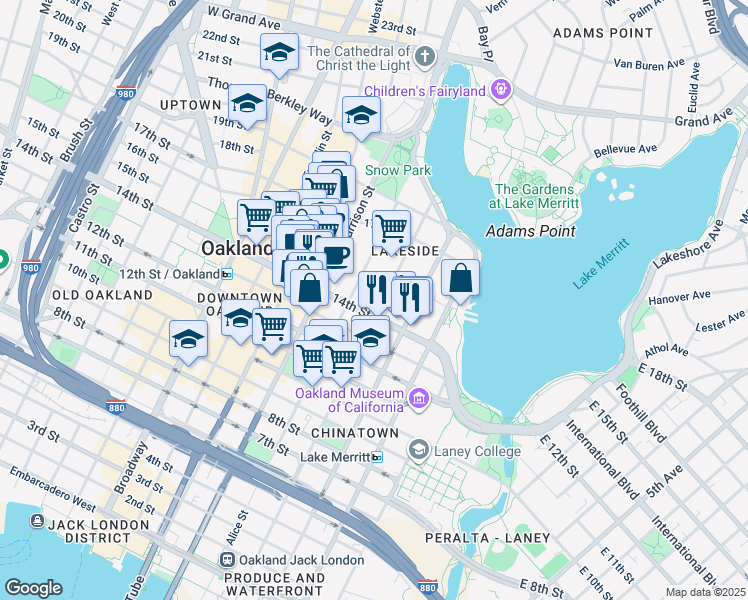 map of restaurants, bars, coffee shops, grocery stores, and more near 1505 Jackson Street in Oakland