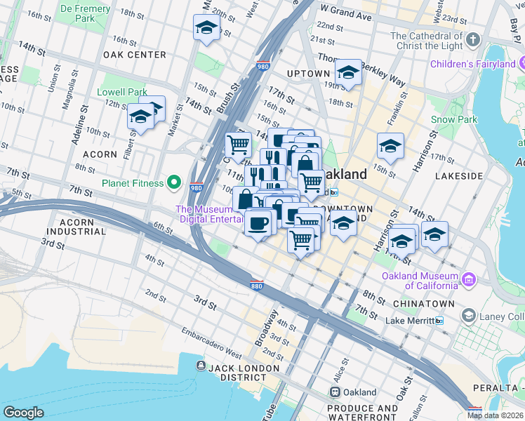 map of restaurants, bars, coffee shops, grocery stores, and more near 555 12th Street in Oakland