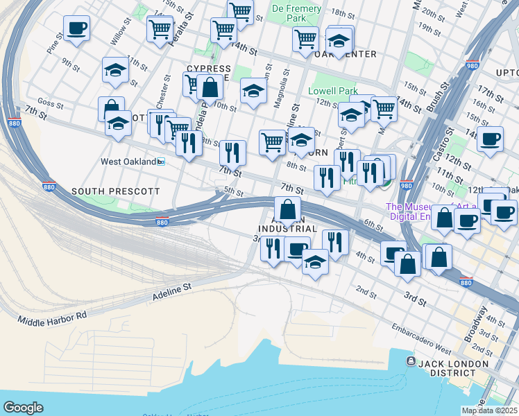 map of restaurants, bars, coffee shops, grocery stores, and more near 1155 7th Street in Oakland