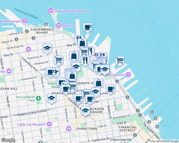 map of restaurants, bars, coffee shops, grocery stores, and more near 287 Greenwich Street in San Francisco