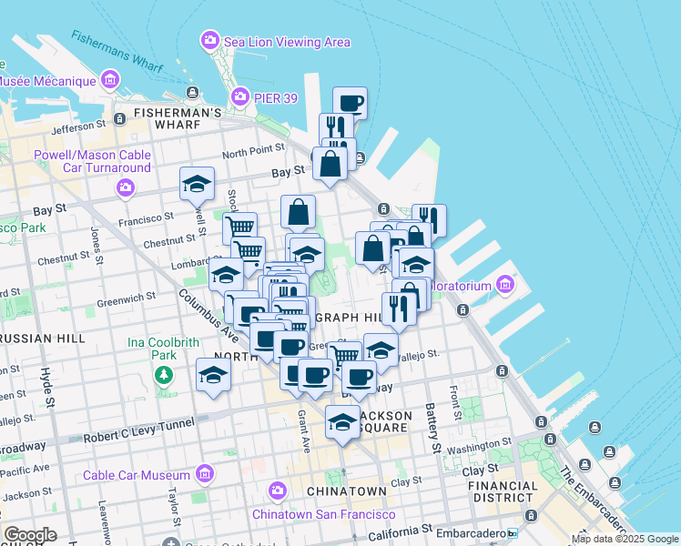 map of restaurants, bars, coffee shops, grocery stores, and more near 287 Greenwich Street in San Francisco