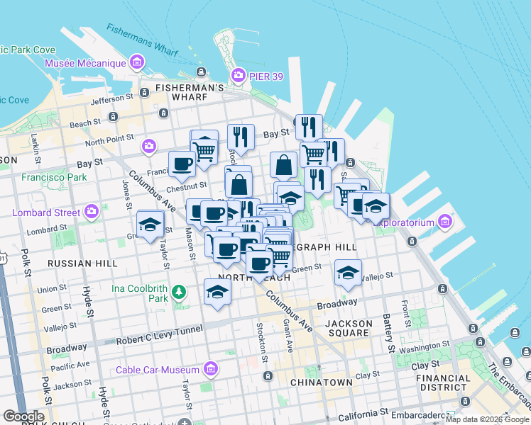 map of restaurants, bars, coffee shops, grocery stores, and more near 425 Greenwich Street in San Francisco