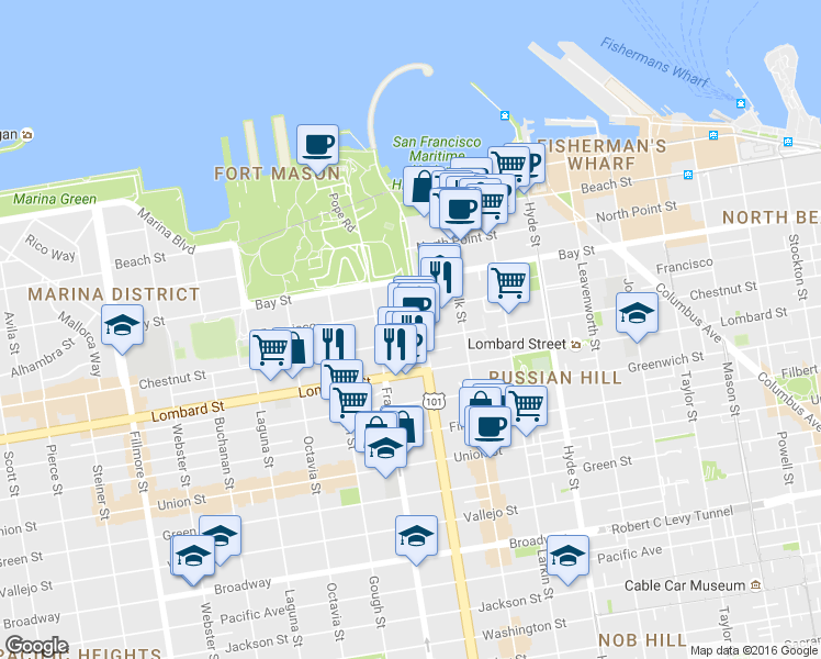 map of restaurants, bars, coffee shops, grocery stores, and more near 13 Francisco Street in San Francisco