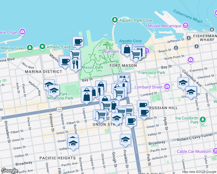 map of restaurants, bars, coffee shops, grocery stores, and more near 1308 Francisco Street in San Francisco