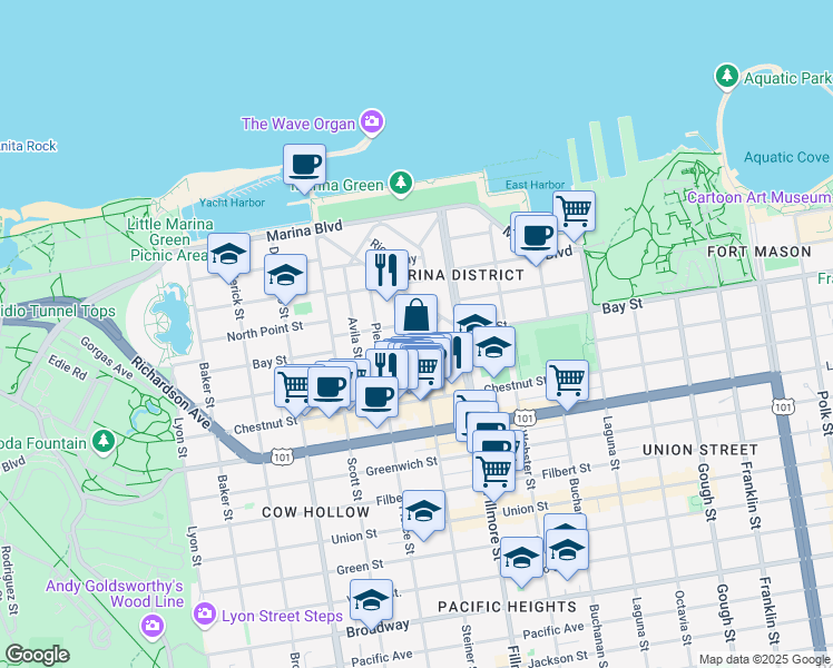 map of restaurants, bars, coffee shops, grocery stores, and more near 10 Capra Way in San Francisco