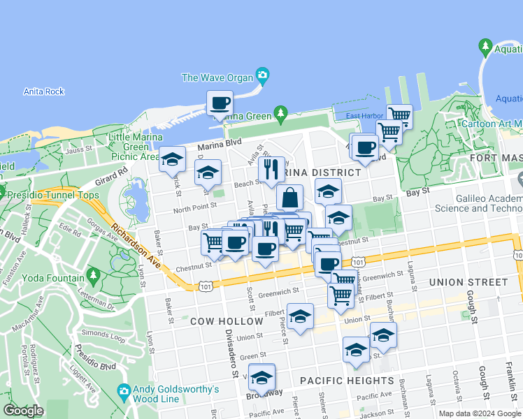 map of restaurants, bars, coffee shops, grocery stores, and more near in San Francisco