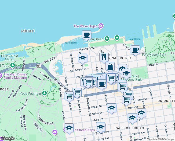 map of restaurants, bars, coffee shops, grocery stores, and more near 2100 North Point Street in San Francisco