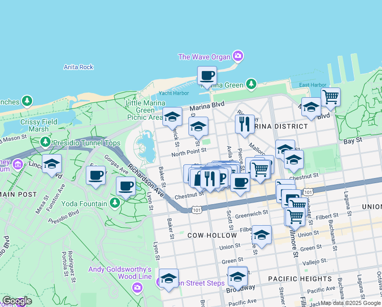 map of restaurants, bars, coffee shops, grocery stores, and more near 3617 Divisadero Street in San Francisco