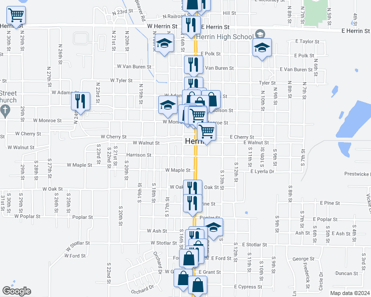 map of restaurants, bars, coffee shops, grocery stores, and more near in Herrin