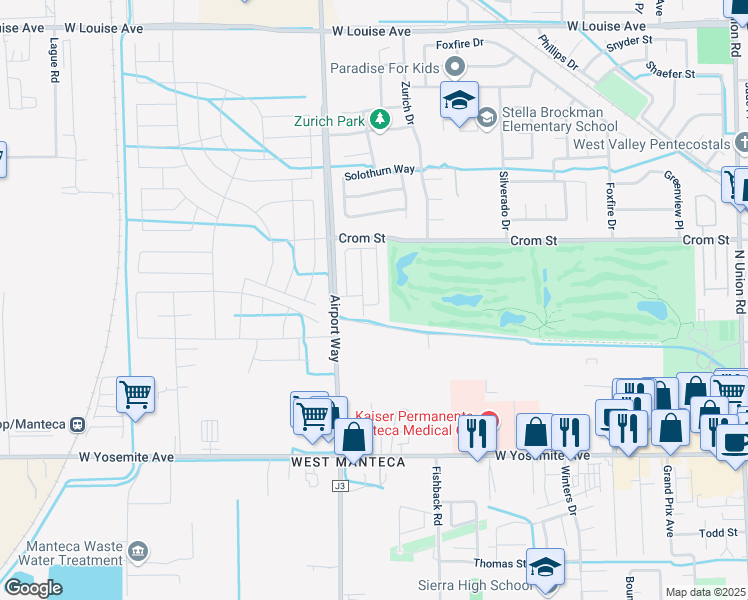 map of restaurants, bars, coffee shops, grocery stores, and more near 472 Airport Way in Manteca