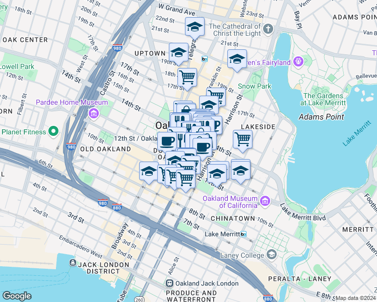 map of restaurants, bars, coffee shops, grocery stores, and more near in Oakland