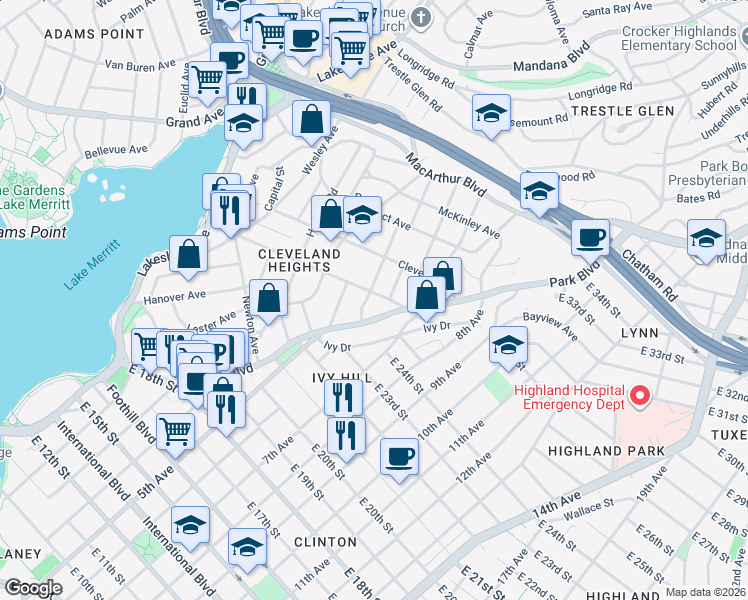 map of restaurants, bars, coffee shops, grocery stores, and more near 807 Brooklyn Avenue in Oakland