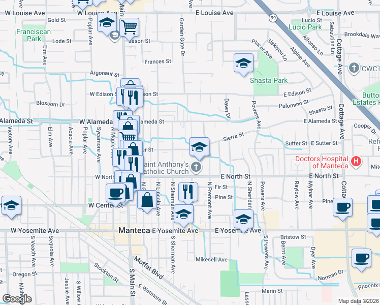 map of restaurants, bars, coffee shops, grocery stores, and more near 430 Sutter Street in Manteca