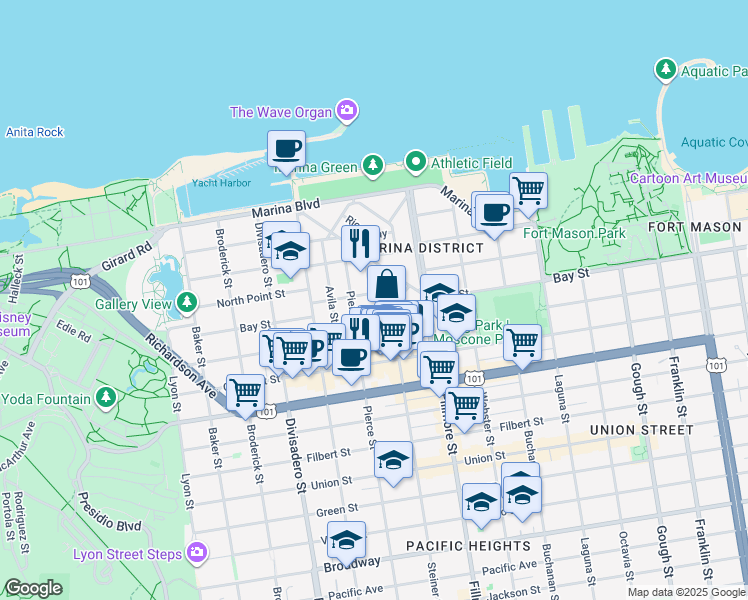 map of restaurants, bars, coffee shops, grocery stores, and more near 10 Capra Way in San Francisco