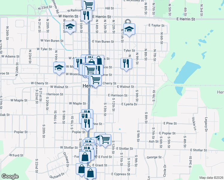 map of restaurants, bars, coffee shops, grocery stores, and more near 109 South 12th Street in Herrin