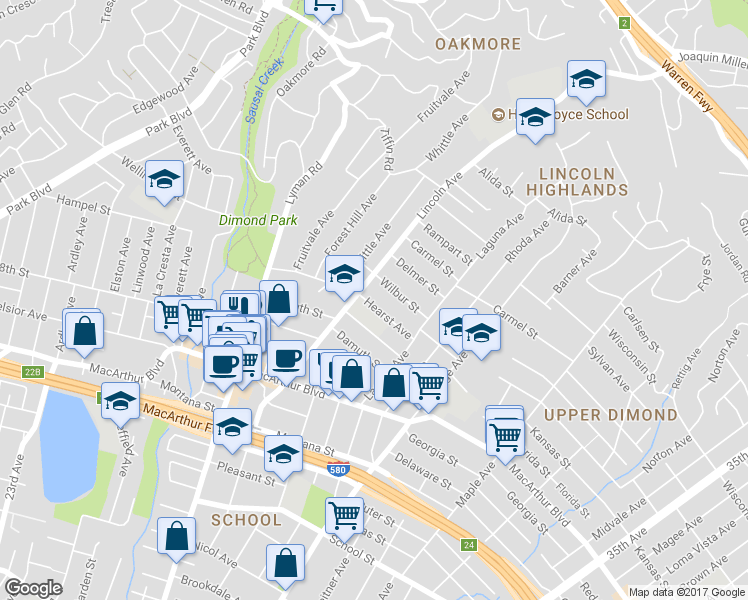 map of restaurants, bars, coffee shops, grocery stores, and more near 2430 Hearst Avenue in Oakland