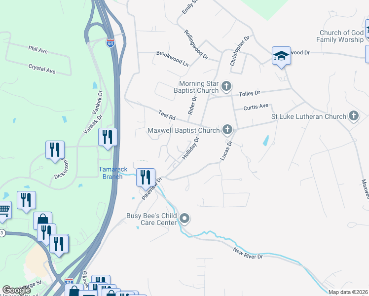 map of restaurants, bars, coffee shops, grocery stores, and more near Lode Drive in Beckley