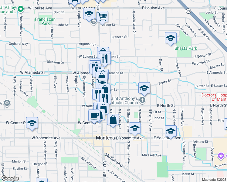 map of restaurants, bars, coffee shops, grocery stores, and more near 348 North Grant Avenue in Manteca