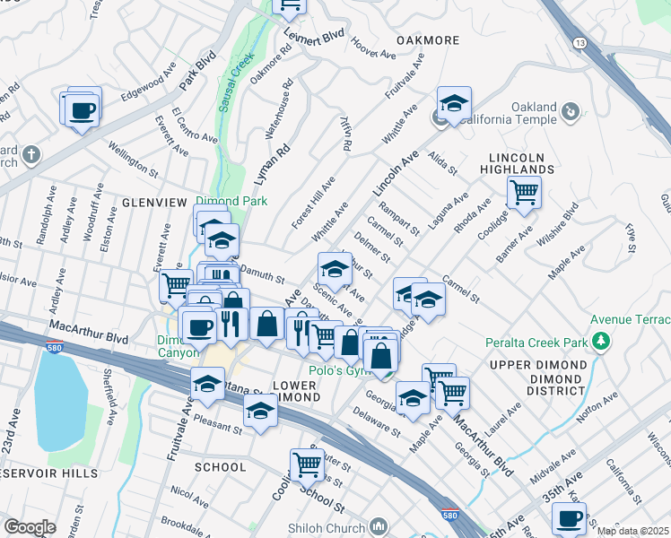 map of restaurants, bars, coffee shops, grocery stores, and more near 2430 Hearst Avenue in Oakland