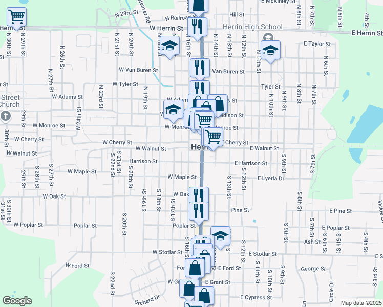 map of restaurants, bars, coffee shops, grocery stores, and more near 120 West Walnut Street in Herrin