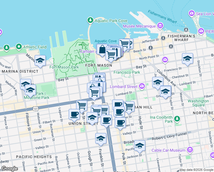 map of restaurants, bars, coffee shops, grocery stores, and more near 1135 Francisco Street in San Francisco