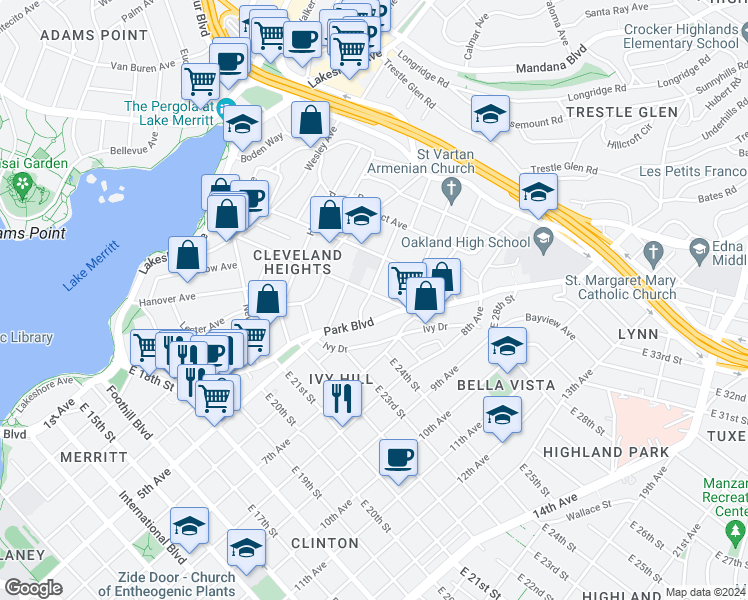 map of restaurants, bars, coffee shops, grocery stores, and more near 807 Brooklyn Avenue in Oakland