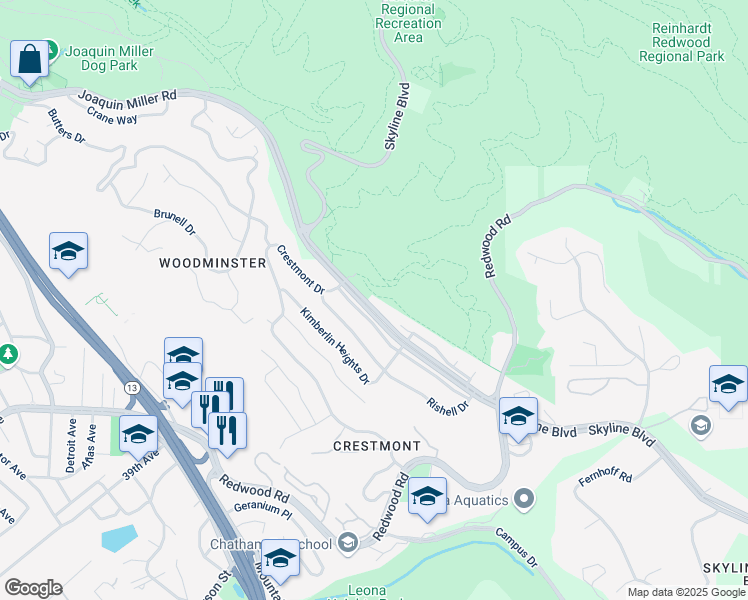 map of restaurants, bars, coffee shops, grocery stores, and more near 11550 Skyline Boulevard in Oakland