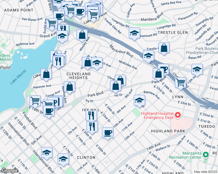 map of restaurants, bars, coffee shops, grocery stores, and more near 864 Brooklyn Avenue in Oakland
