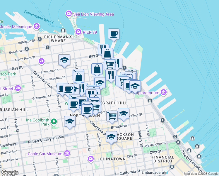 map of restaurants, bars, coffee shops, grocery stores, and more near 1 Telegraph Hill Boulevard in San Francisco