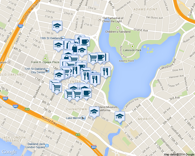 map of restaurants, bars, coffee shops, grocery stores, and more near 1551 Madison Street in Oakland