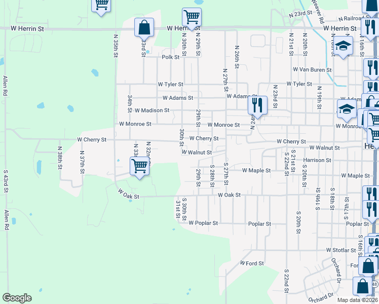map of restaurants, bars, coffee shops, grocery stores, and more near 1509 West Walnut Street in Herrin
