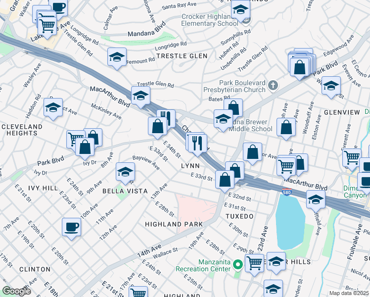 map of restaurants, bars, coffee shops, grocery stores, and more near 1255 MacArthur Boulevard in Oakland