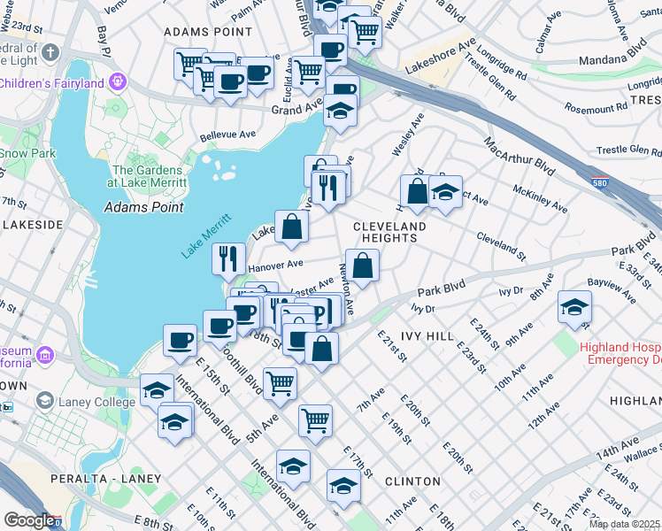 map of restaurants, bars, coffee shops, grocery stores, and more near 357 Hanover Avenue in Oakland