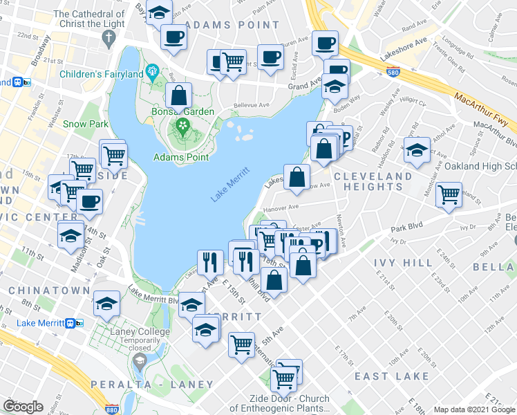 map of restaurants, bars, coffee shops, grocery stores, and more near in Oakland