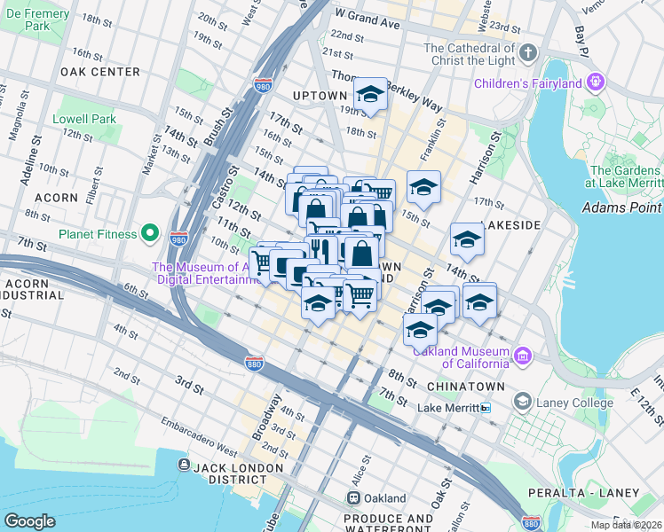 map of restaurants, bars, coffee shops, grocery stores, and more near in Oakland
