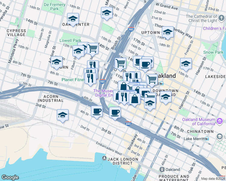 map of restaurants, bars, coffee shops, grocery stores, and more near in Oakland