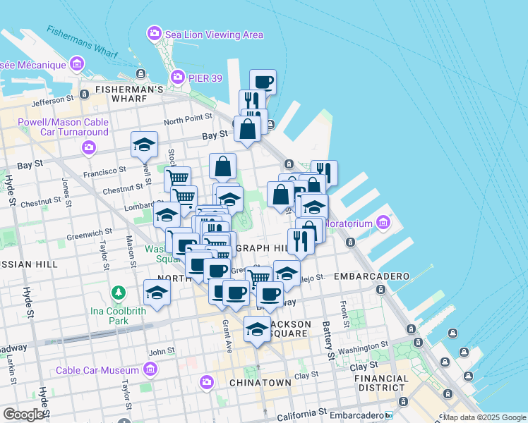 map of restaurants, bars, coffee shops, grocery stores, and more near 287 Greenwich Street in San Francisco