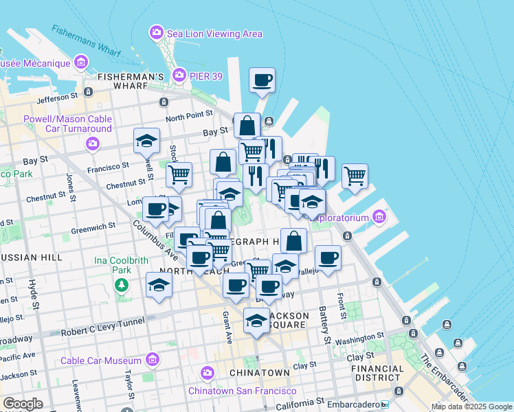 map of restaurants, bars, coffee shops, grocery stores, and more near 287 Greenwich Street in San Francisco